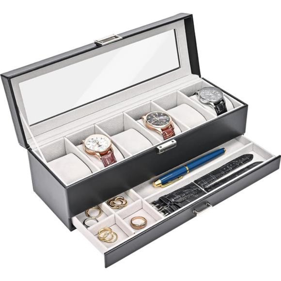 6 Slot Watch Case with Drawer, Watch Box Double-layer Jewelry and Watch, Black - Picture 1 of 6